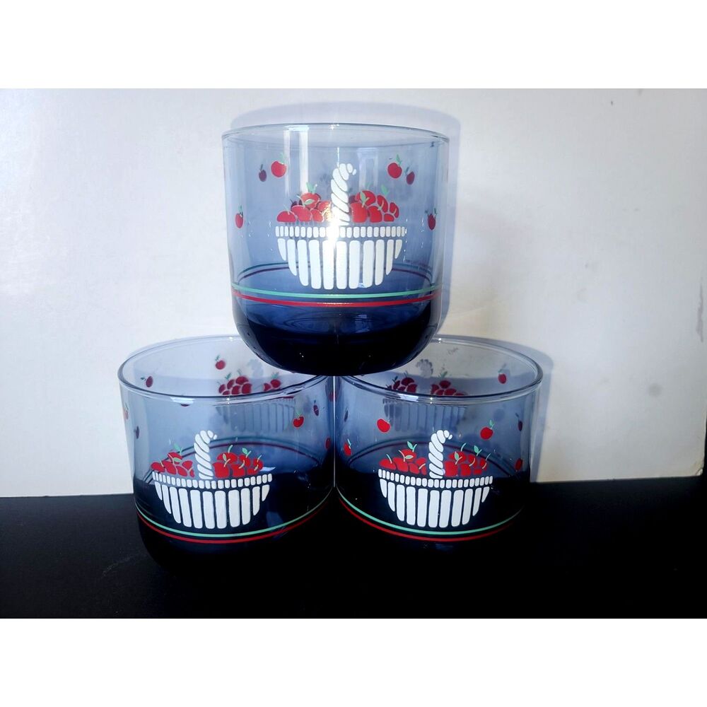Set of 3 Anchor Hocking Apple Basket Blue Tinted Lowball Glasses Vintage 1980's